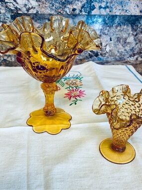 Amber Ruffled Hobnail Compote and Vase - Set